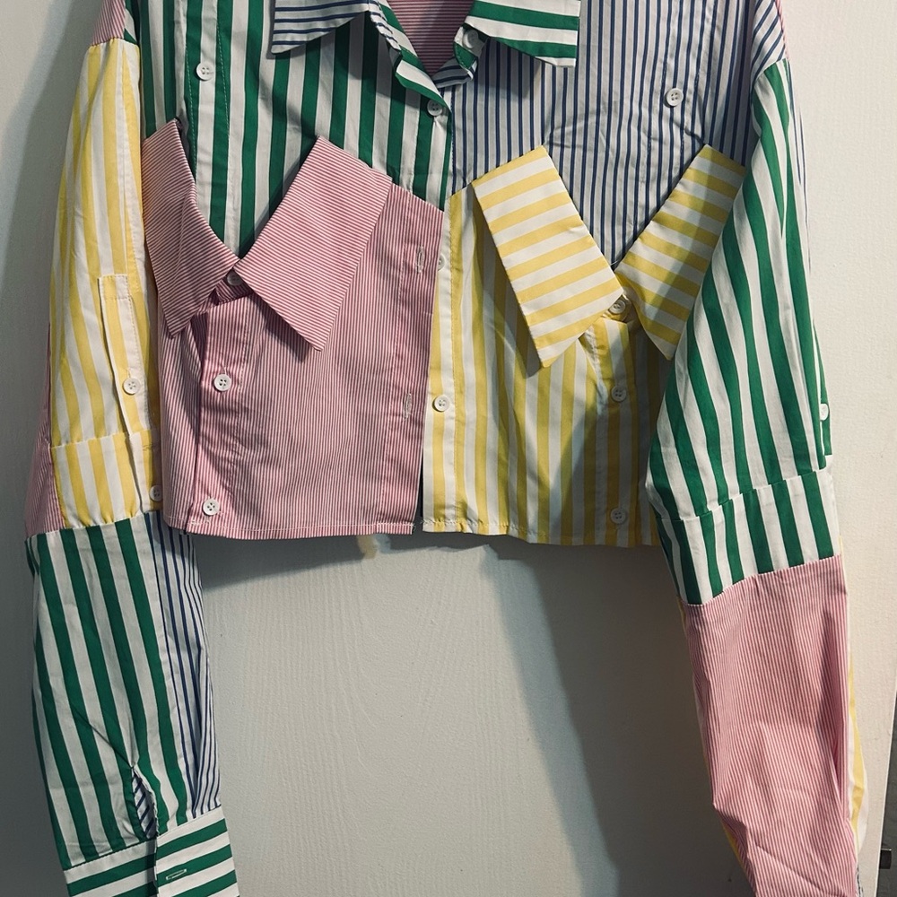 AKIRA Multi-Stripe Cropped Button-Up in Pink, Green, Blue